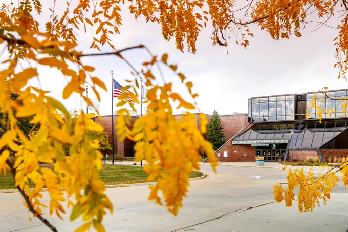 Autumn leaves in the foreground with the American flag flying high in front of a modern building with glass and brick elements.