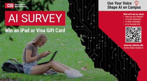 Student sitting on grass using a smartphone with a laptop and backpack nearby, promoting CSU's AI survey offering a chance to win an iPad or Visa gift card.