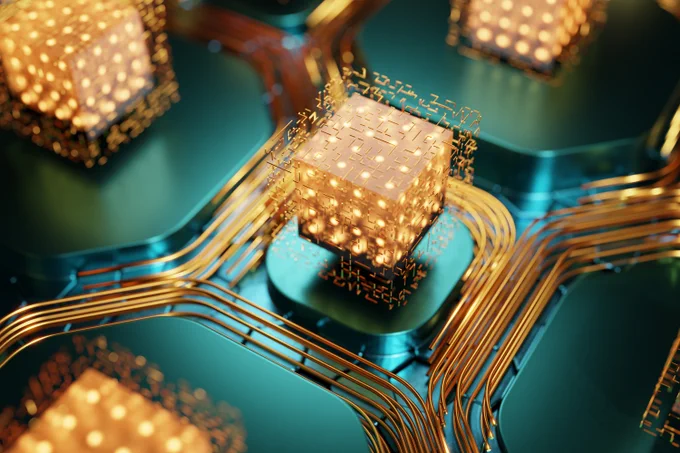 A close-up image of a computer processor chip connected to circuitry, set against a metallic teal background.