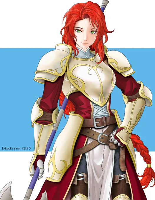 Titania from Fire Emblem: Path of Radiance holding a pole axe while confidently looking at the viewer.