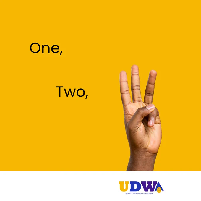 A graphic design containing a photo cutout of a hand with three fingers held up. The text to the left of the hand says "One, Two".