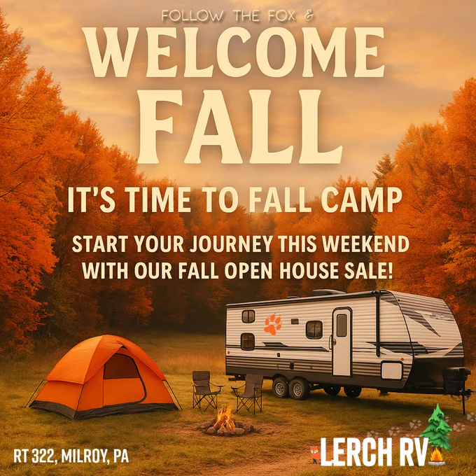 Autumn campsite with orange tent, campfire, chairs, and RV surrounded by vibrant fall trees under a warm sunset sky.