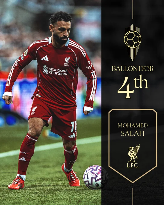 Graphic showcasing that Mo Salah has been ranked in 4th place for the 2025 Men's Ballon D'Or.