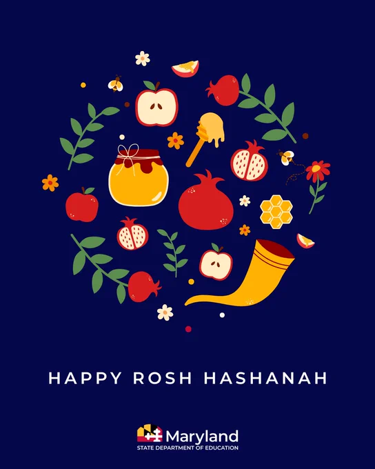 Graphic from the Maryland State Department of Education wishing a Happy Rosh Hashanah, featuring a festive design with apples, honey, flowers, and leaves on a dark blue background.