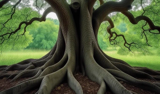 Massive tree trunk with sprawling, thick roots extending outward on a forest floor surrounded by lush green foliage.
