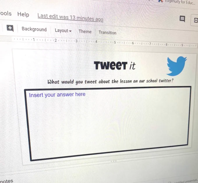 A slide with an exit ticket titled "Tweet it," in which students write a tweet to summarize their learning.