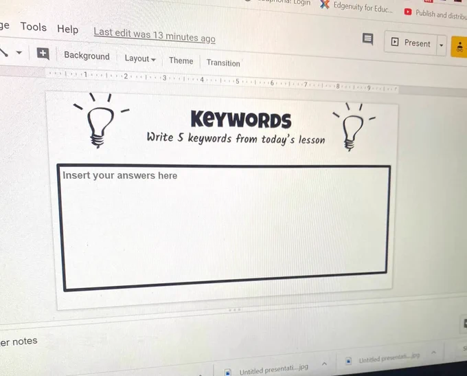 A slide with an exit ticket titled "Keywords," in which students identify key words from a given topic.