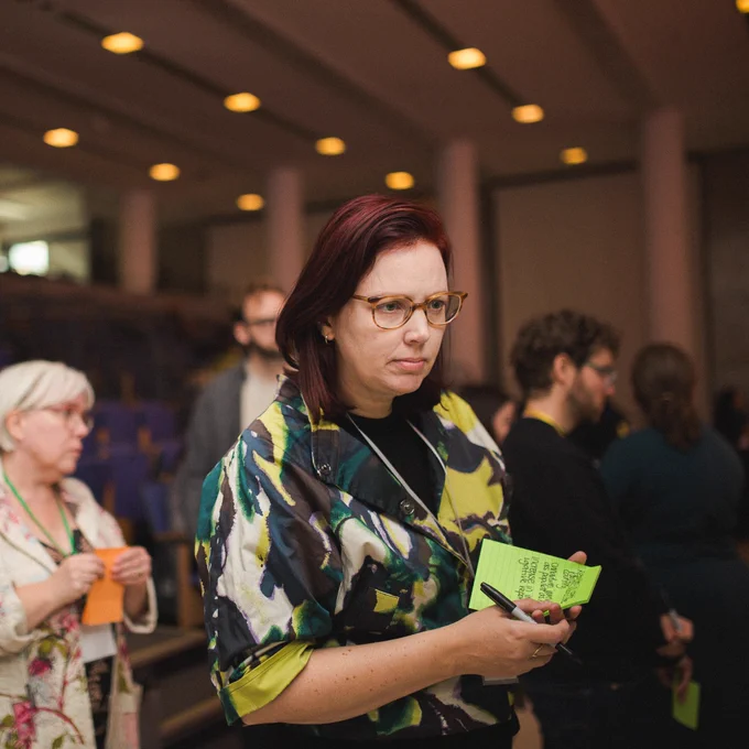 The Walrus' executive editor Jennifer Hollett reviews the answers on the board during an interactive exercise at the 2024 Future of Independent Media Summit.