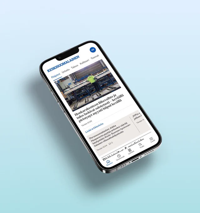 Mockup picture of a phone on a baby blue surface, showing Keskisuomalainen Application.