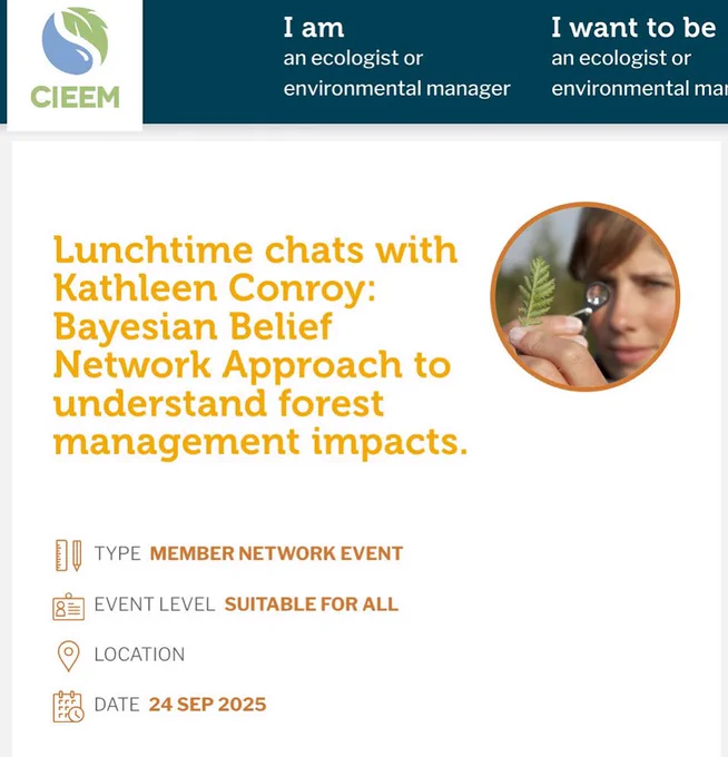 Screenshot of event title with small image of woman looking at plant through magnifying glass