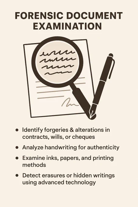 ✨ What Forensic Document Experts Do:

Identify forgeries & alterations in contracts, wills, or cheques.

Analyze handwriting for authenticity.

Examine inks, papers, and printing methods.

Detect erasures or hidden writings using advanced technology.