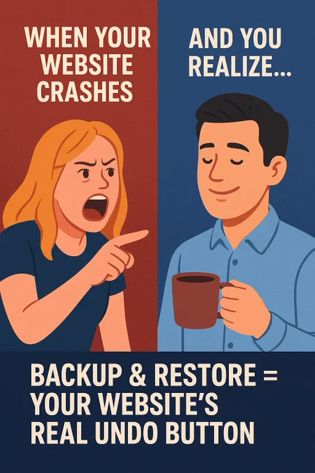 Illustration split into two halves: on the left, an angry woman points while text reads ‘When your website crashes.’ On the right, a calm man smiles while holding a coffee mug with text reading ‘And you realize…’ At the bottom, bold text says: ‘Backup & Restore = Your website’s real undo button.