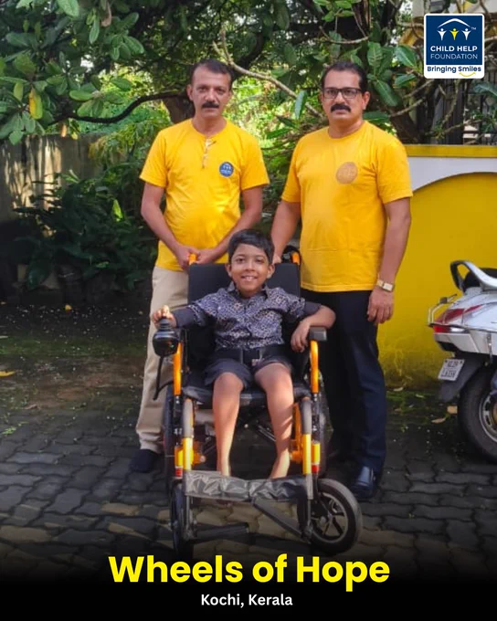 Child Help Foundation donates a wheelchair to a young boy in Kochi, giving him the ability to move freely and live with dignity.