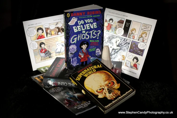 Danny Robins & Ellen Walker's book "Do You Believe In Ghosts?" with copies of Haunted Magazine, prints of Ellen's Uncanny illustrations and a copy of "The Usborne Guide to the Supernatural World."