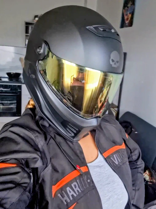 Trecia wearing her HD helmet and HD rider jacket posing on camera