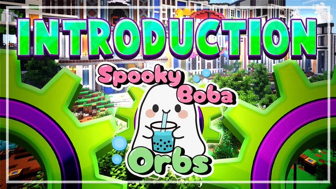 A photo of the Gameshow Showdown factory. On top, two green cogs in the bottom left and bottom right hand orders. At the top the word "Introduction" and in the middle the "Spooky Boba Orbs" logo, which is a ghost drinking a blue boba tea drink.