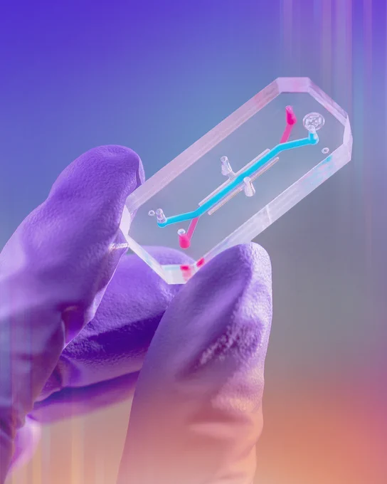 An image of a hand in a purple glove, holding the AVATAR organ chip up close.