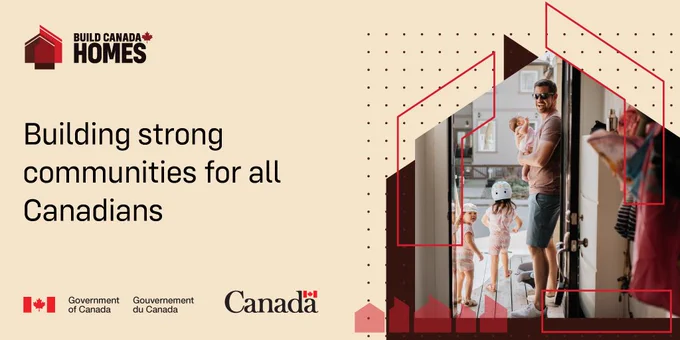 Building strong communities for all Canadians. A family in a doorway. 