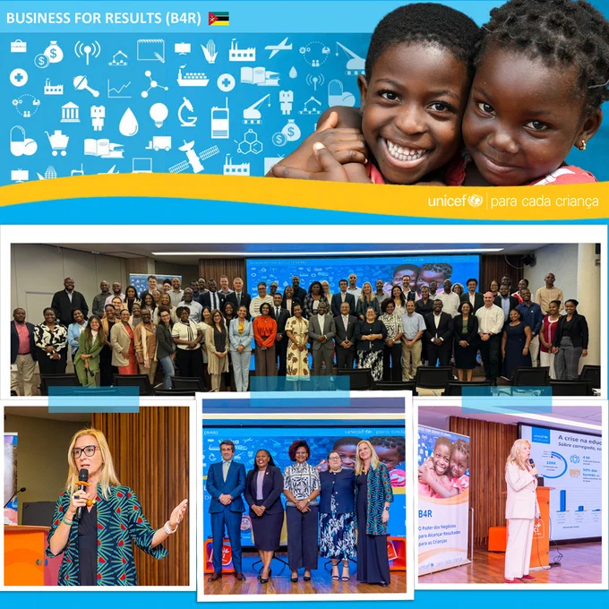 A layout for a business for results workshop by UNICEF in Mozambique featuring four photos from the workshop participants.