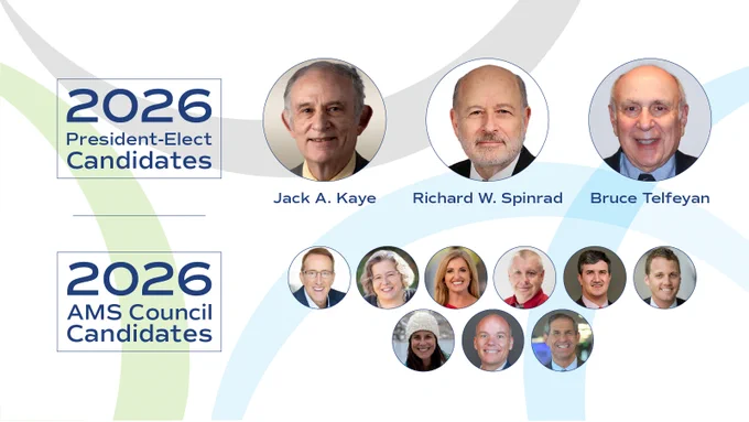 Graphic for the 2026 AMS President-Elect (President in 2027) and Council featuring names and headshots of the president-elect candidates and headshots of the council candidates.