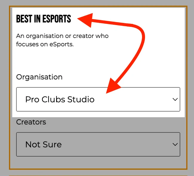 Here’s how to vote 🗳️⬇️

Select Pro Clubs Studio under Best In ESports ✅