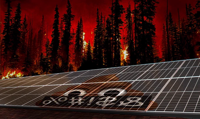 A rooftop solar installation. Behind the roof rages a blazing forest fire. Reflected in the solar panels is the poop emoji from the cover of my book 'Enshittification,' which has angry eyebrows and a black, grawlix-filled bar across its mouth."



Image:
Bastique (modified)
https://commons.wikimedia.org/wiki/File:Solar_Panels_on_Church_Roof_full.jpg

CC BY 4.0
https://creativecommons.org/licenses/by/4.0/deed.en

