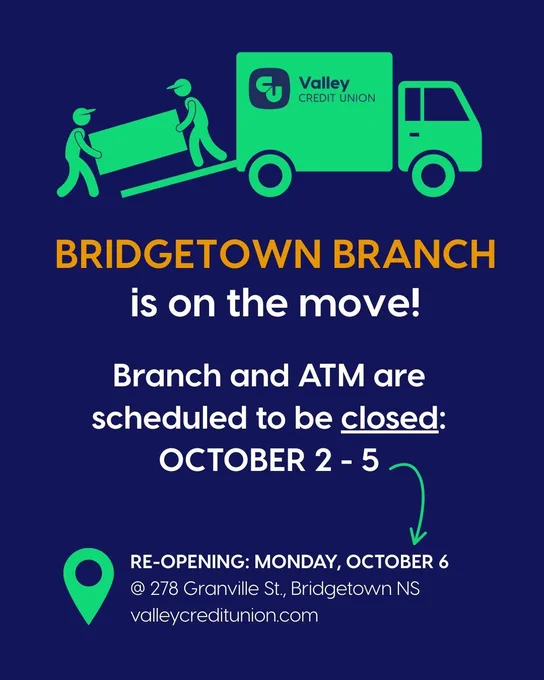 Blue background with green moving truck. Branch closure scheduled for Oct 2-5