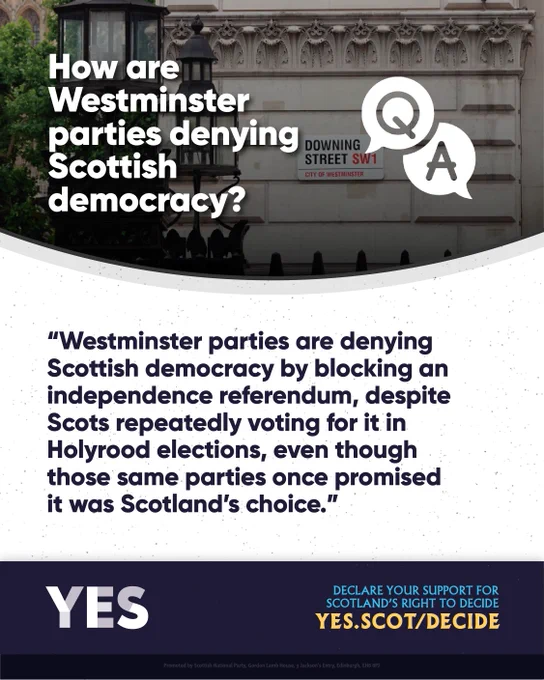 A street sign for Downing Street in Westminster. Text says Westminster is denying Scottish democracy by blocking an independence referendum, despite Holyrood elections showing support.