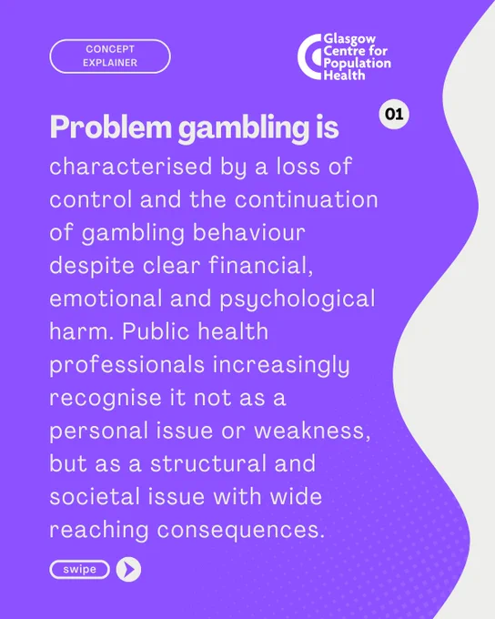 Problem gambling is
characterised by a loss of
control and the continuation
of gambling behaviour
despite clear financial,
emotional and psychological
harm. Public health
professionals increasingly
recognise it not as a
personal issue or weakness,
but as a structural and
societal issue with wide
reaching consequences.