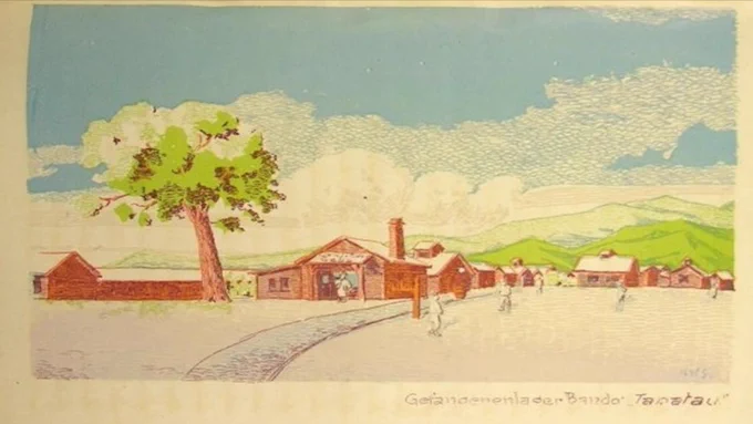 View of Bandō’s ‘commercial district’ Tapatau with the camp bakery “Geba” visible. Note the stylistic influence of Japanese woodblock (ukiyo-e) prints. Die Baracke II, no. 22 (25 August 1918). SBB-PK. Bandō-Sammlung A 2-2.