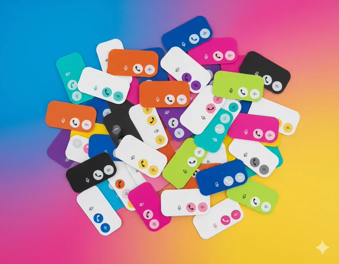 A colorful, overhead shot of numerous rounded rectangular cards, each displaying a microphone icon, a phone icon within a circular button, and a sound wave icon within another circular button. The cards are scattered randomly, overlapping each other on a vibrant gradient background that transitions from blue to pink to yellow. Each card has a different background color (e.g., white, black, orange, green, blue, pink), and the two circular buttons on each card match, displaying a variety of hues such as light blue, dark grey, light pink, yellow, and purple. The overall impression is one of playful customization and choice.