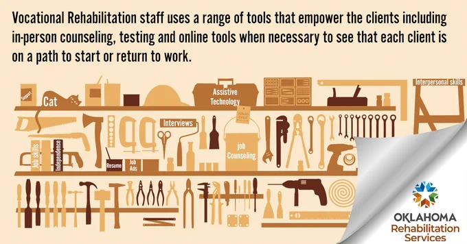 Vocational Rehabilitation staff uses a range of tools that empower the clients including in-person counseling, testing and online tools when necessary to see that each client is on a path to start or return to work. Logo, Oklahoma Rehabilitation Services