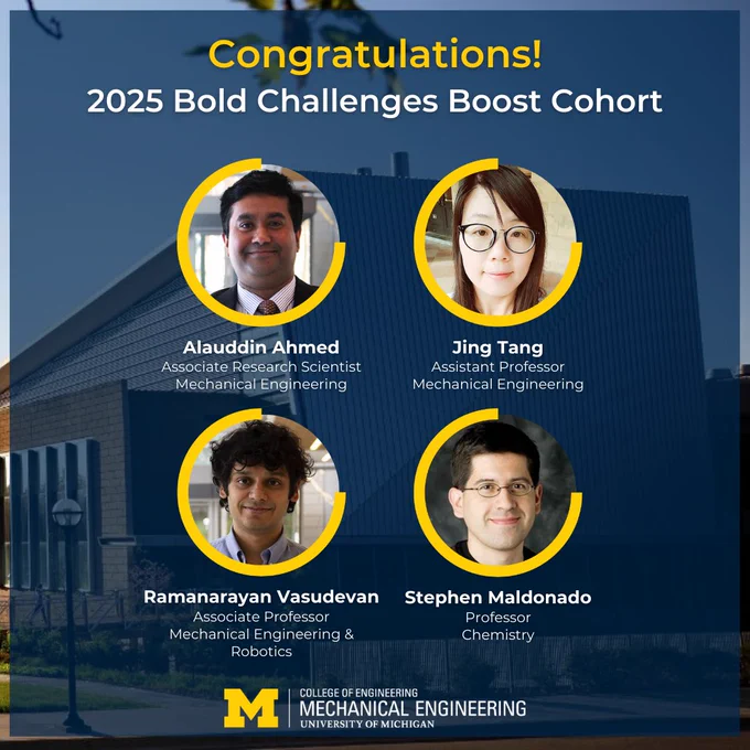 Congratulatory graphic for the team selected for the 2025 Bold Challenges Boost cohort. Photos of Alauddin Ahmed, Jing Tang, Ramanarayan Vasudevan, and Stephen Maldonado are included. In the background, an image of the G.G. Brown Laboratory.