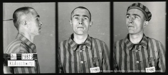 A mugshot registration photograph from Auschwitz. A man with a shaved head wearing a striped uniform photographed in three positions (profile and front with bare head and a photo with a slightly turned head with a hat on). The prisoner number is visible on a marking board on the left.
