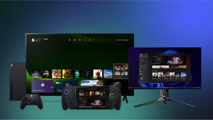 Xbox ecosystem devices showing game library on a TV, a monitor, and the ROG Xbox Ally X, with an Xbox Series X and controller in front in front of the TV.