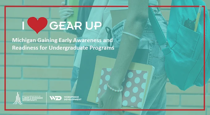 I heart GEAR UP graphic showing a close-up of students walking while holding notebooks.