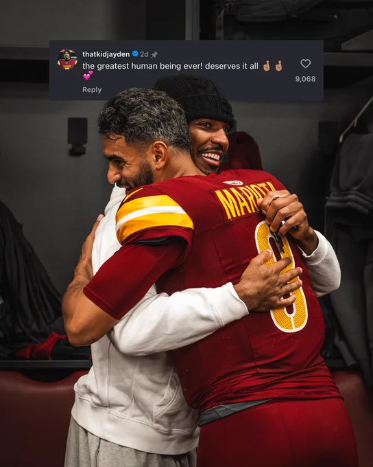 Photo of Jayden Daniels and Marcus Mariota hugging in the locker room postgame. On the screen is an Instagram comment from Jayden that says, "the greatest human being ever! deserves it all"