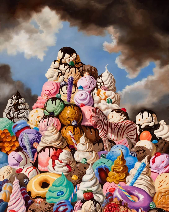 Robin Hextrum’s "The Queen of Ice Cream," an oil painting depicting a fantastical mountain of ice cream scoops, candies, and sweets crowned with a zebra. Artwork by Robin Hextrum, oil painter. Posted by Abend Gallery in Denver, Colorado, USA.  