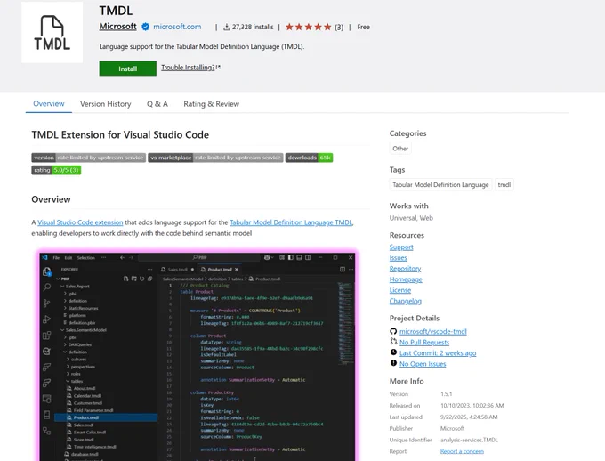 We've released version 1.5.0 of the TMDL Language extension for Visual Studio Code, with a focus on usability and reliability based on your top requests. 

This update brings DAX semantic highlighting support within TMDL documents - joining other enhanced authoring features like Power Query semantic highlighting, breadcrumb navigation, code actions, code formatting, localization, and numerous bug fixes.