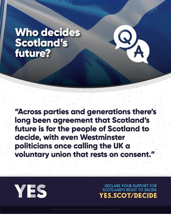 A close-up of the Scottish saltire flag. Text says Scotland’s future is for its people to decide, with Westminster once calling the UK a voluntary union based on consent.