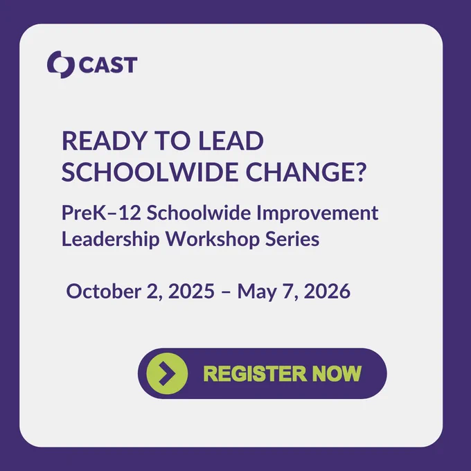 Graphic with a purple background and text overlay. 

Header text reads “Ready to Lead Schoolwide Change?” 

Subtext reads “PreK–12 Schoolwide Improvement Leadership Workshop Series · October 2, 2025 – May 7, 2026.”