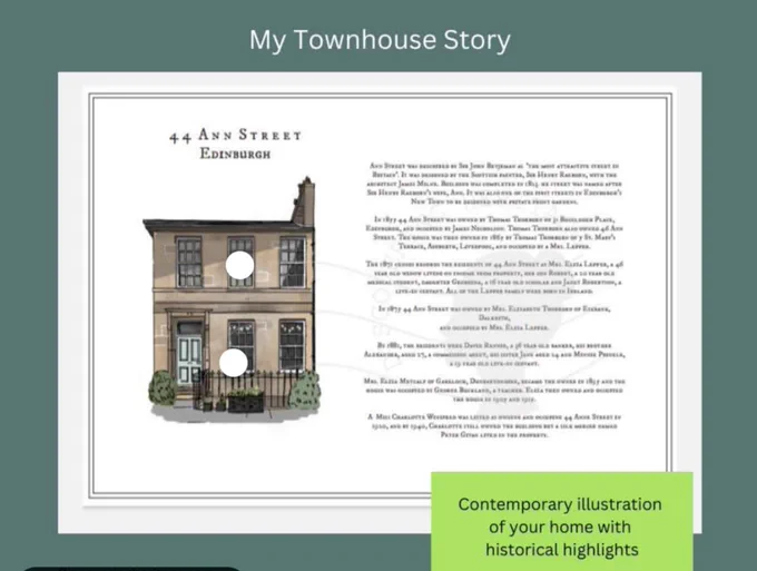 Illustration of a terrace house with historical highlights text House History research by Discovering Heritage