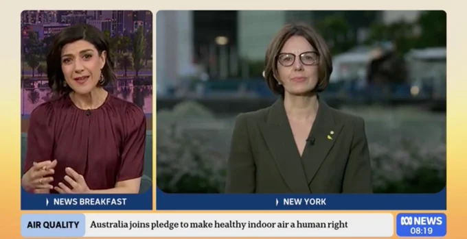 Two women appear on television and a split screen with the TV host on the left above a banner that reads 'News Breakfast'. The guest is in New York.. 
