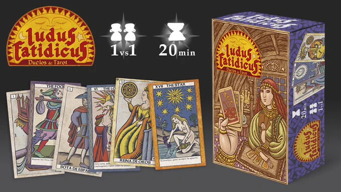 Portada del juego de cartas Ludus Fatidicus. Caja del juego con varias cartas del tarot de Marsella con ilustraciones originales. Se muestran iconos de 1vs1 y 20min