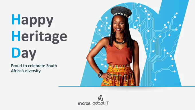 Micros South Africa Heritage Day design featuring vibrant South African cultural elements, bold colours, and the national flag symbol, celebrating unity in diversity.