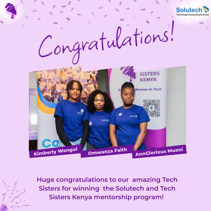 Congratulations to our Code Challenge Champions! 
Kimberly Wambui, Omwanza Faith, and AnnGlorious Mueni 
Your creativity, teamwork, and innovation blew us away! We can’t wait to see how you shine during the mentorship journey ahead. ✨ 
#CodeConnectMentor #SolutechXTechSisters #TechSistersKenya