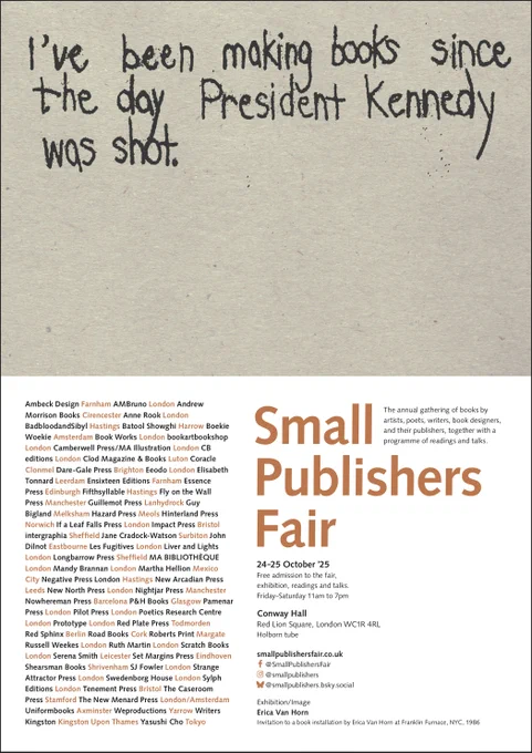 Promotional card for the 2025 Small Publishers Fair, with a full list of the 66 participating artists and publishers. Full details at https://smallpublishersfair.co.uk/publishers-2025/