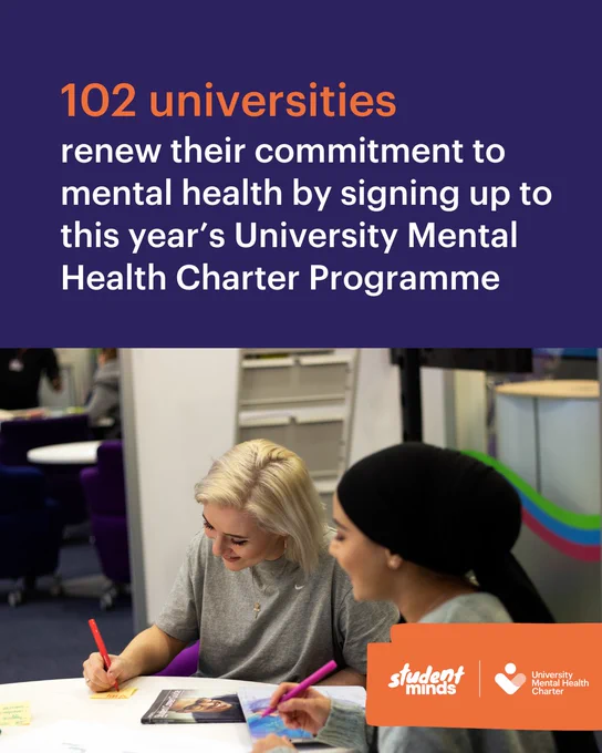 Two individuals collaborating at a table with notebooks and pens in a classroom setting, with text stating '102 universities renew their commitment to mental health by signing up to this year's University Mental Health Charter Programme', accompanied by the logos of Student Minds and University Mental Health Charter.