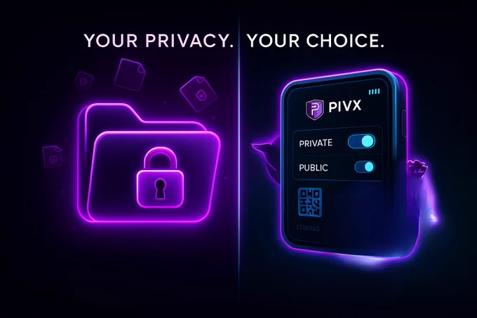 PIVX Neon wallet toggle glowing: private vs public “Your Privacy. Your Choice”