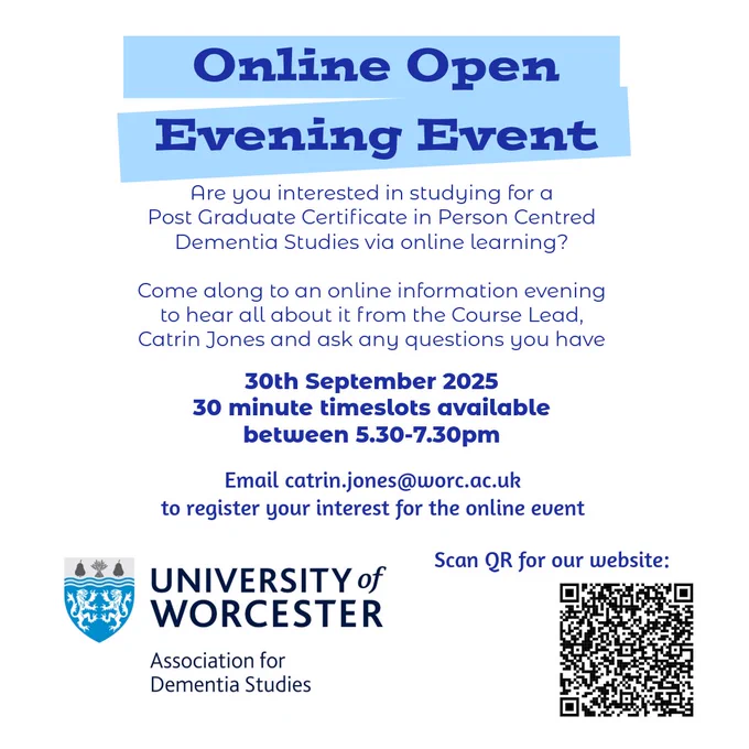 flyer for the online open evening event with the key info being 30th September 5.30-7.30pm, email catrin.jones@worc.ac.uk to book a slot to talk with Course Lead Catrin Jones